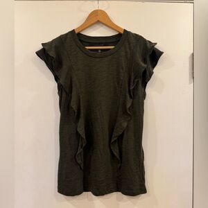White House Black Market, Ruffle Front Crew Tee, Dark Olive Green, Size Small